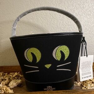 Coach Black Canvas HalloweenBucket Bag with Green Glitter Cat Eyes